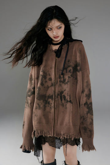 Grunge Extra Distressed Zip-Up Cardigan - KAYSMAR