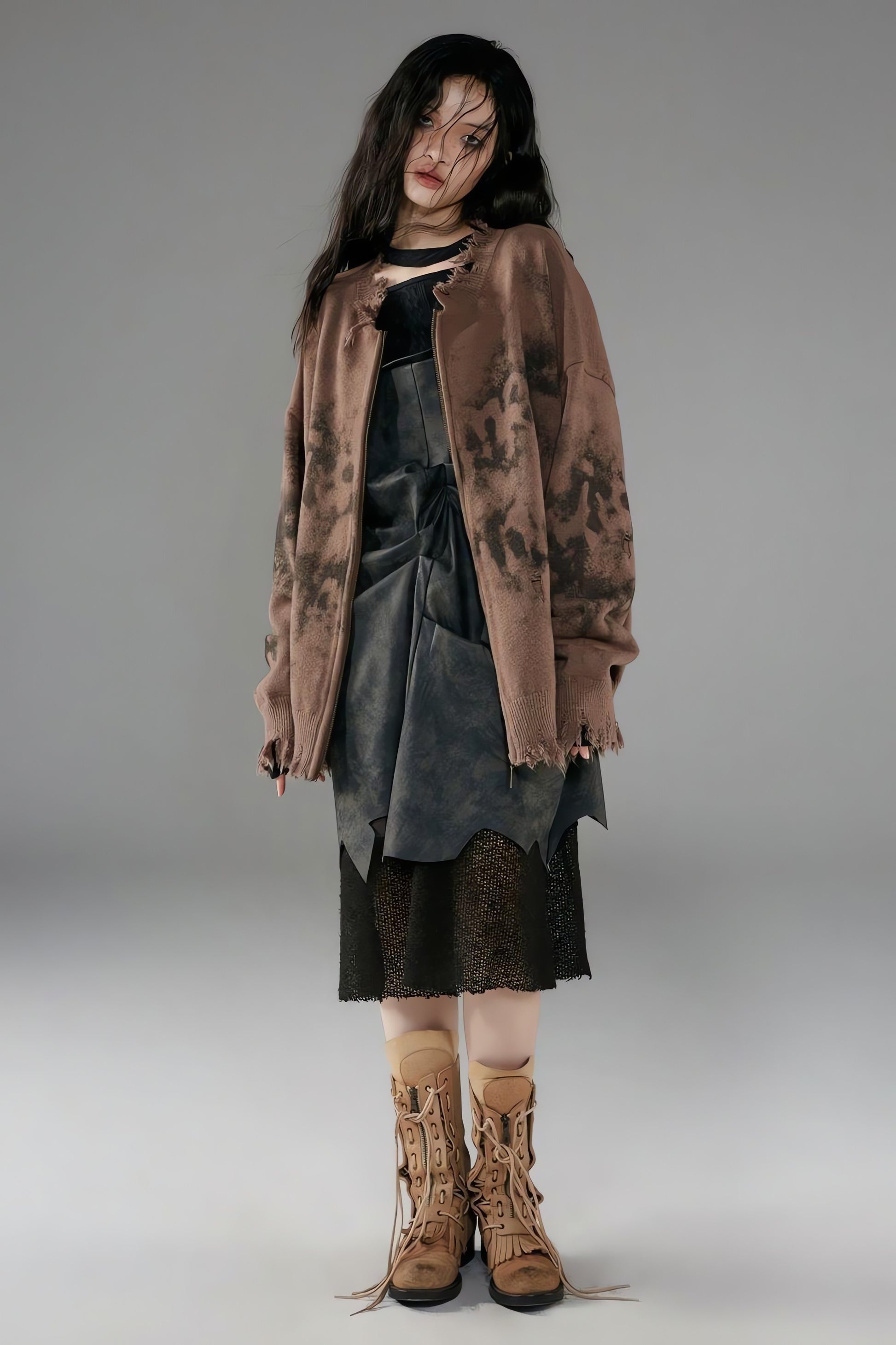 Grunge Extra Distressed Zip-Up Cardigan - KAYSMAR