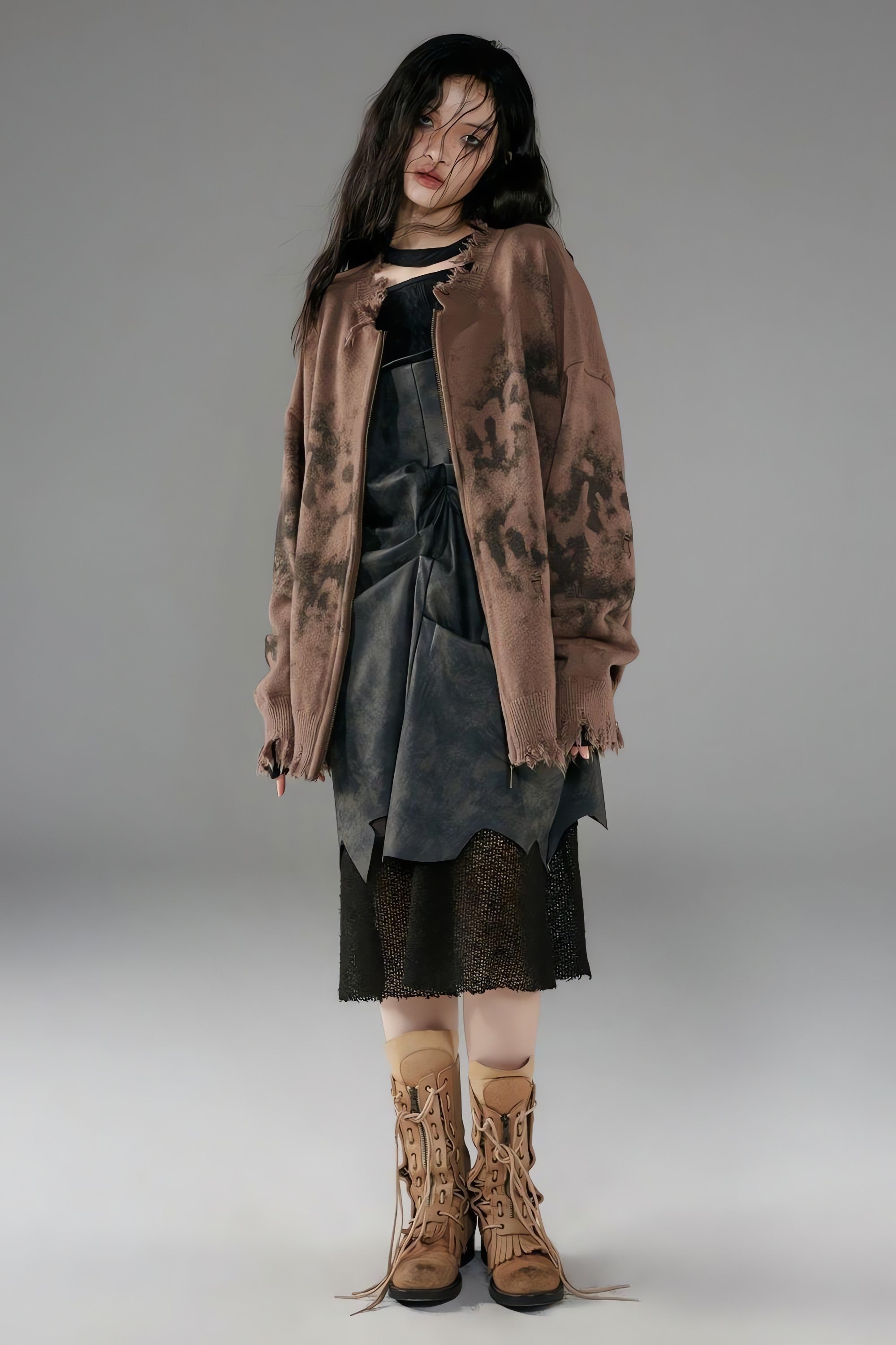 Grunge Extra Distressed Zip-Up Cardigan - KAYSMAR