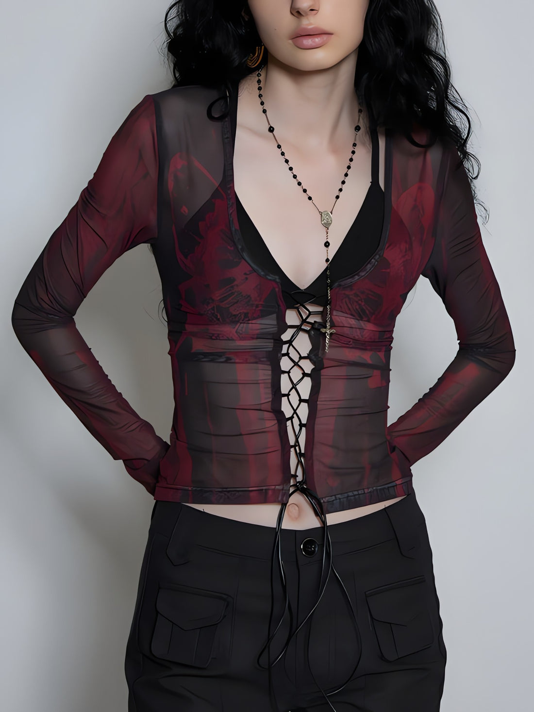Grunge Lace Up Sheer Top - KAYSMAR