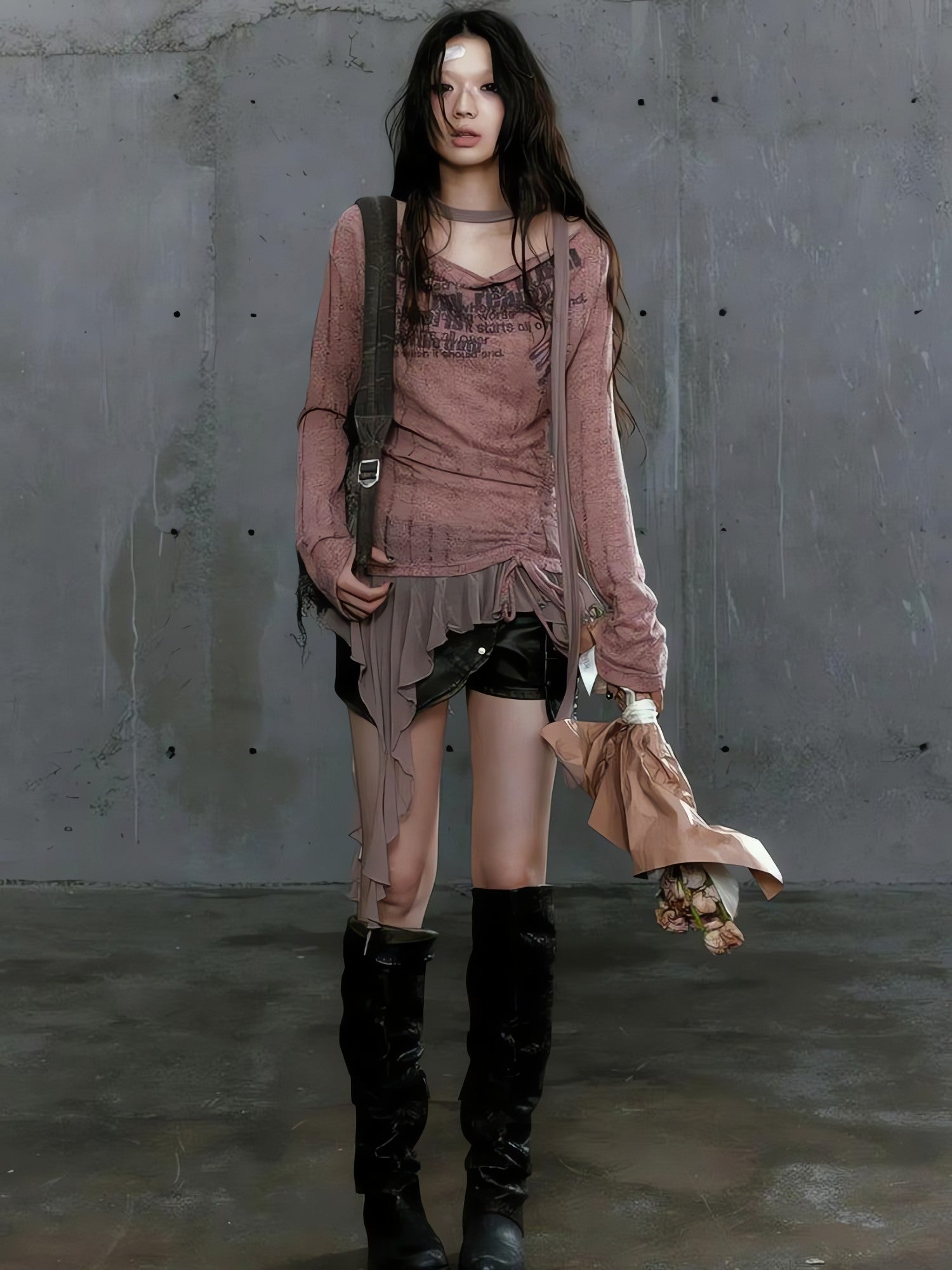 Grunge Neck Tie Ruffled Top - KAYSMAR