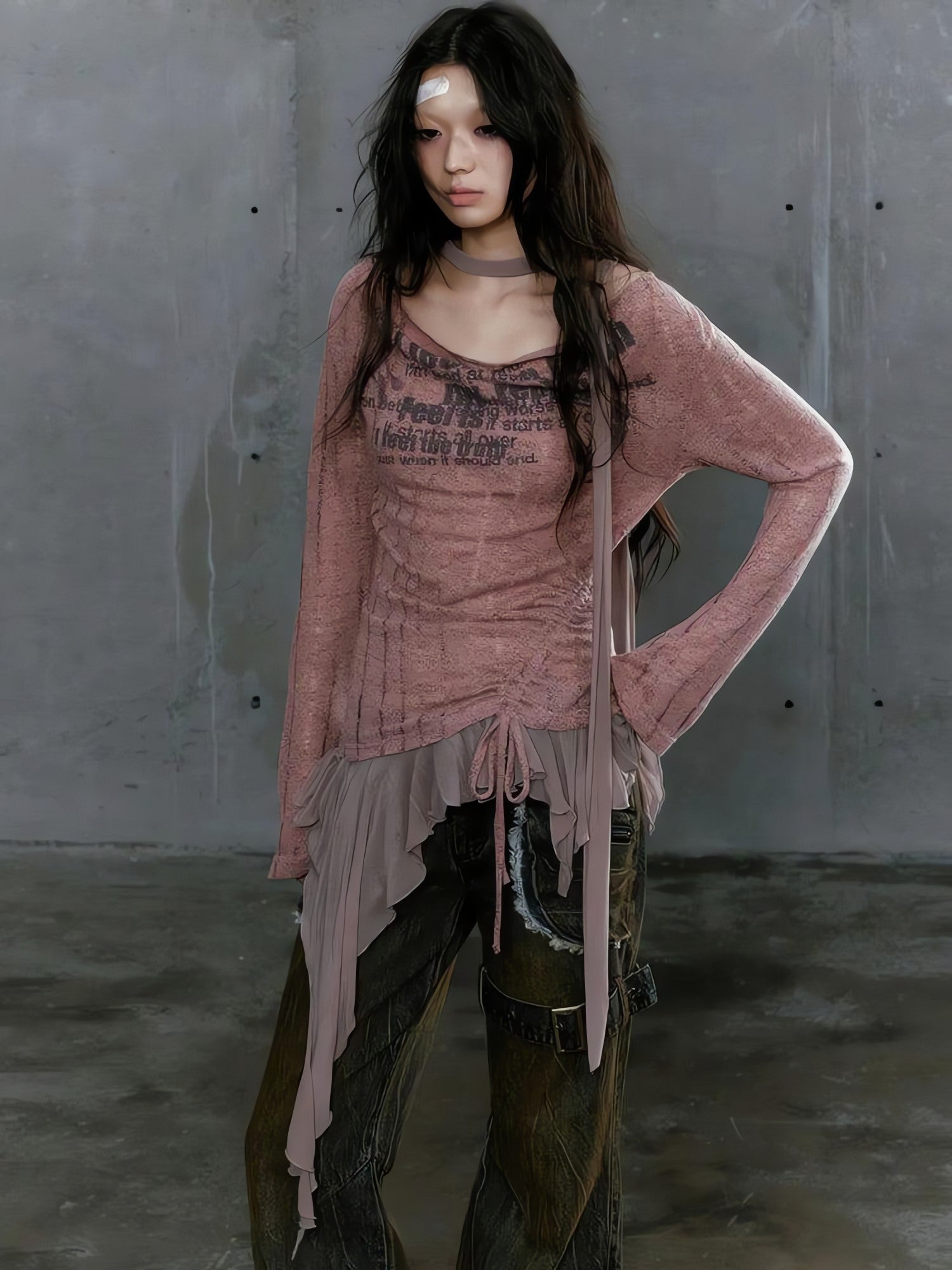 Grunge Neck Tie Ruffled Top - KAYSMAR