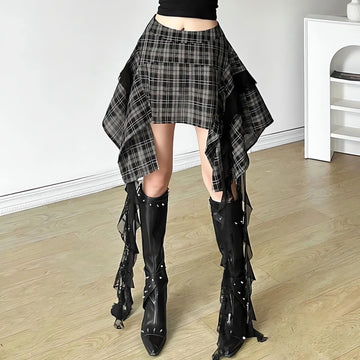 Grunge Plaid Asymmetric Mini Skirt