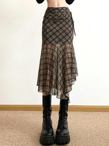 Grunge Plaid Mesh Midi Skirt
