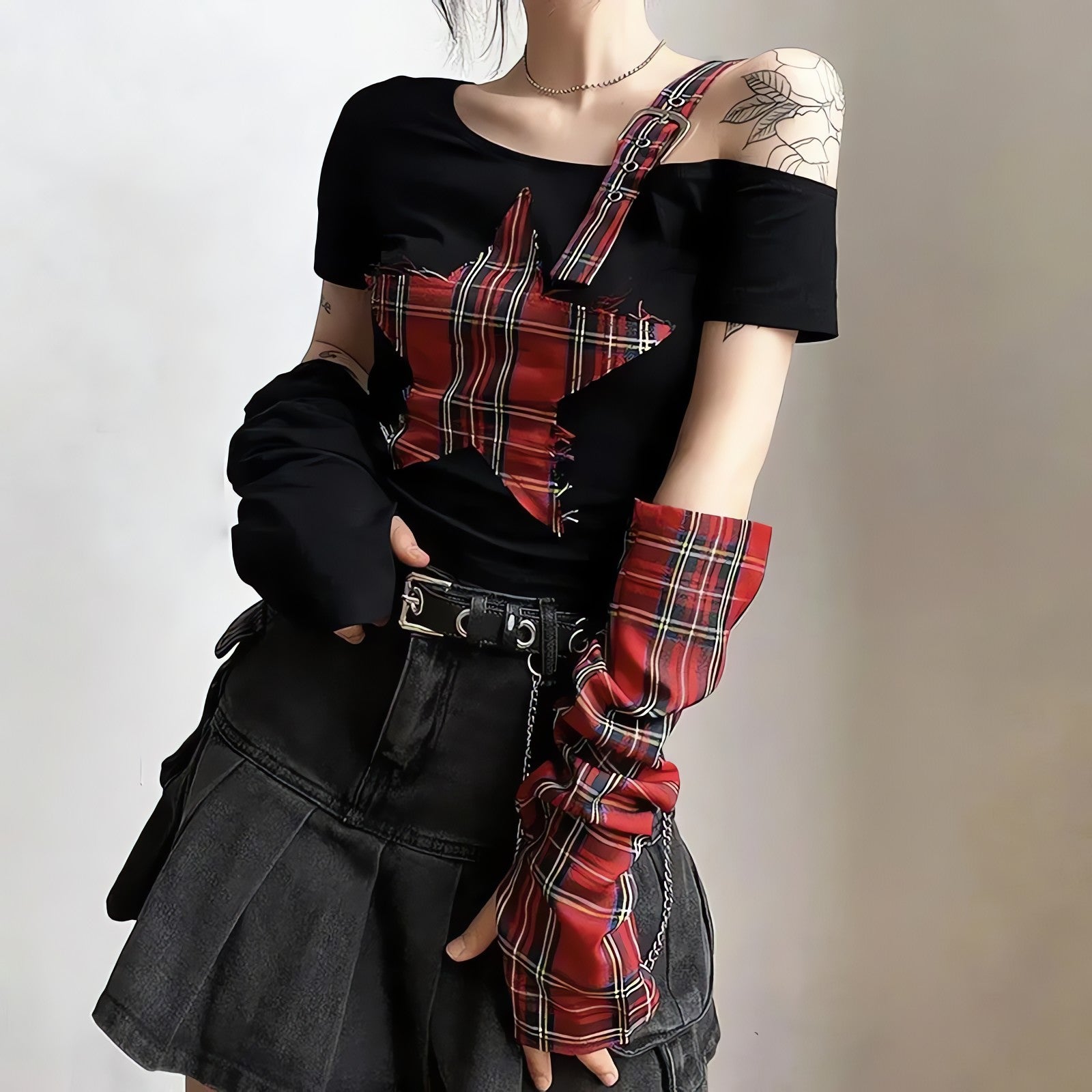 Grunge Plaid Star Patch Top