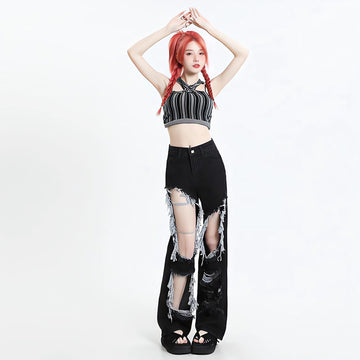 Grunge Ripped Wide Leg Jeans - KAYSMAR