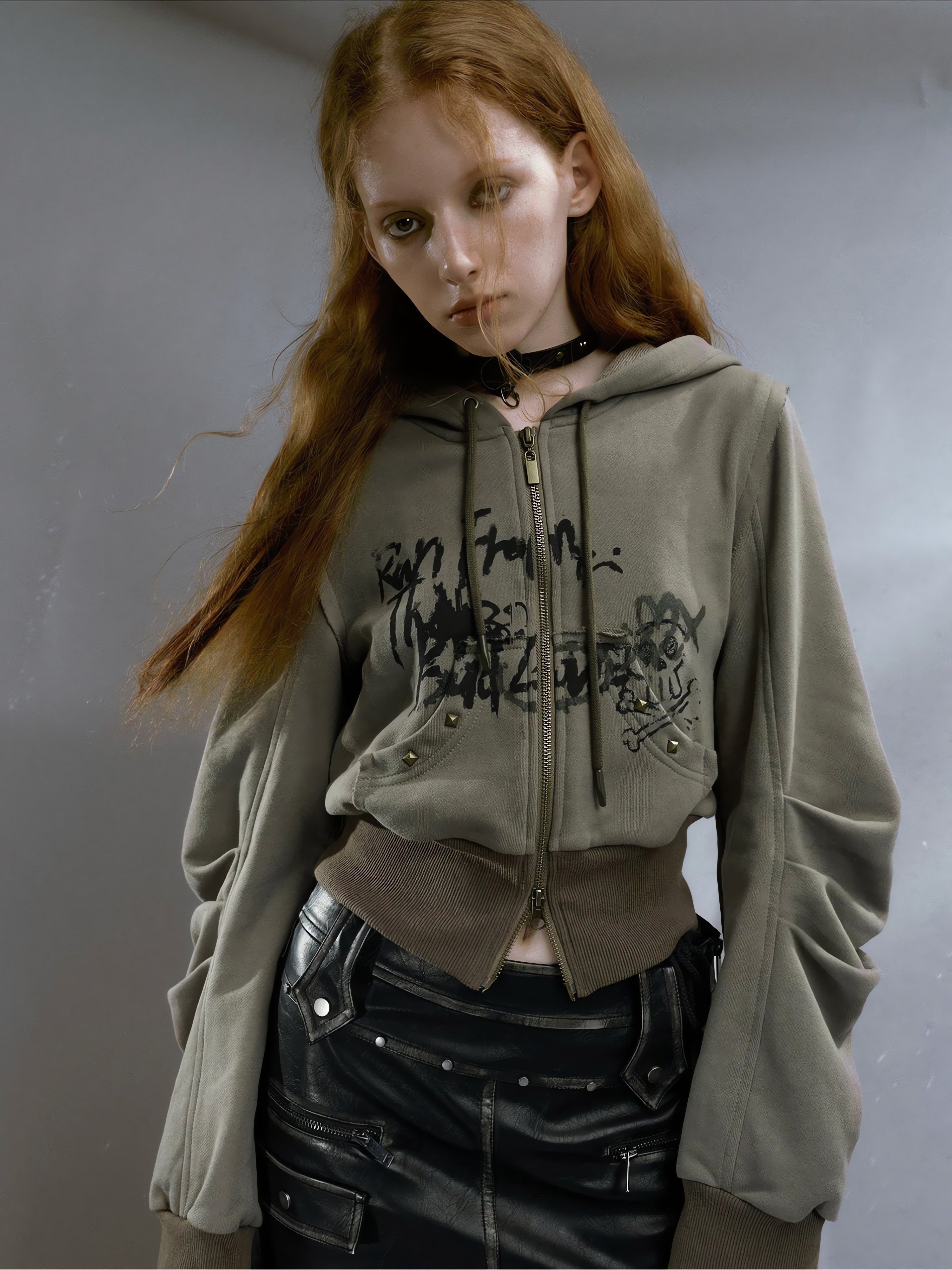 Grunge Ruched Sleeve Hoodie - KAYSMAR