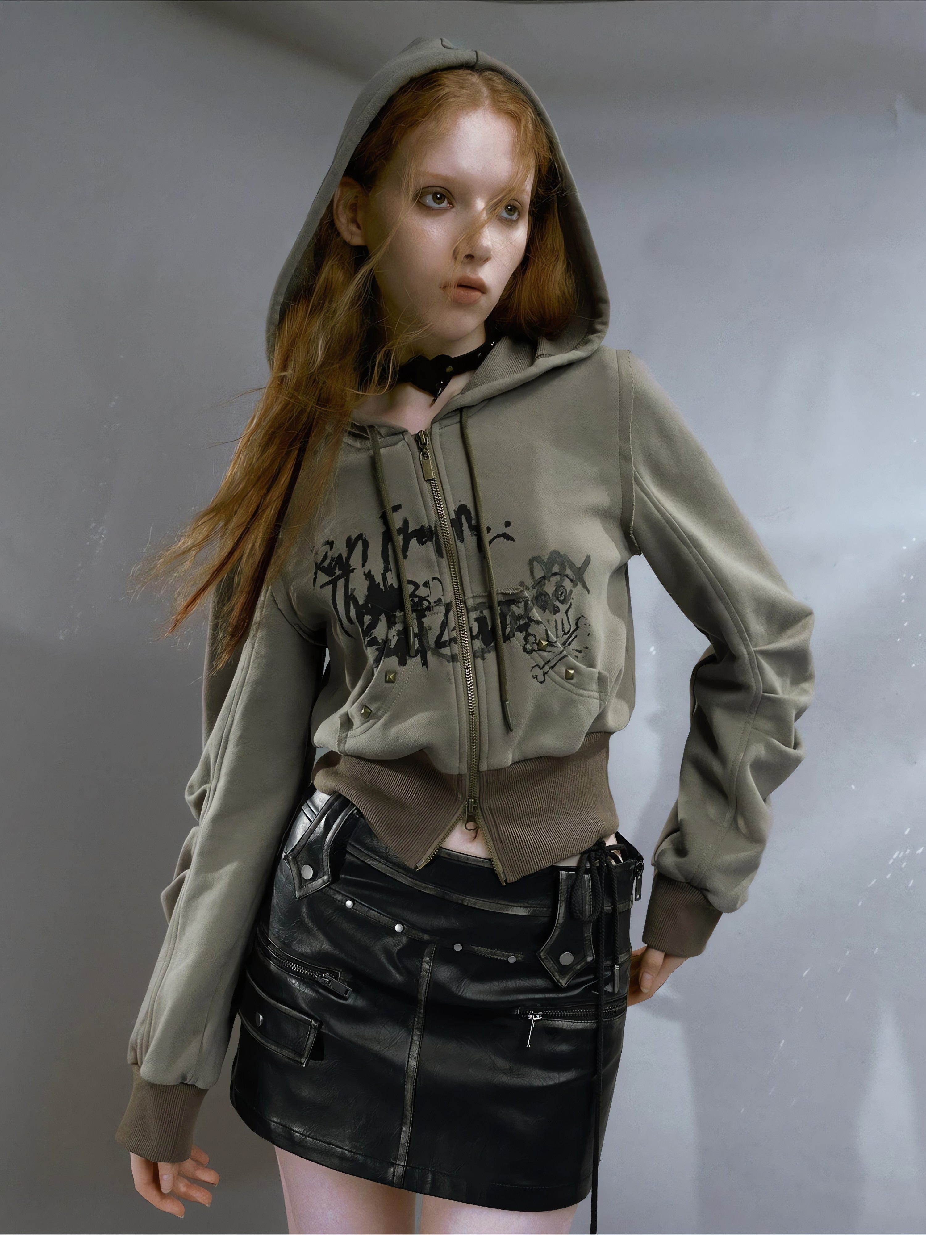 Grunge Ruched Sleeve Hoodie - KAYSMAR