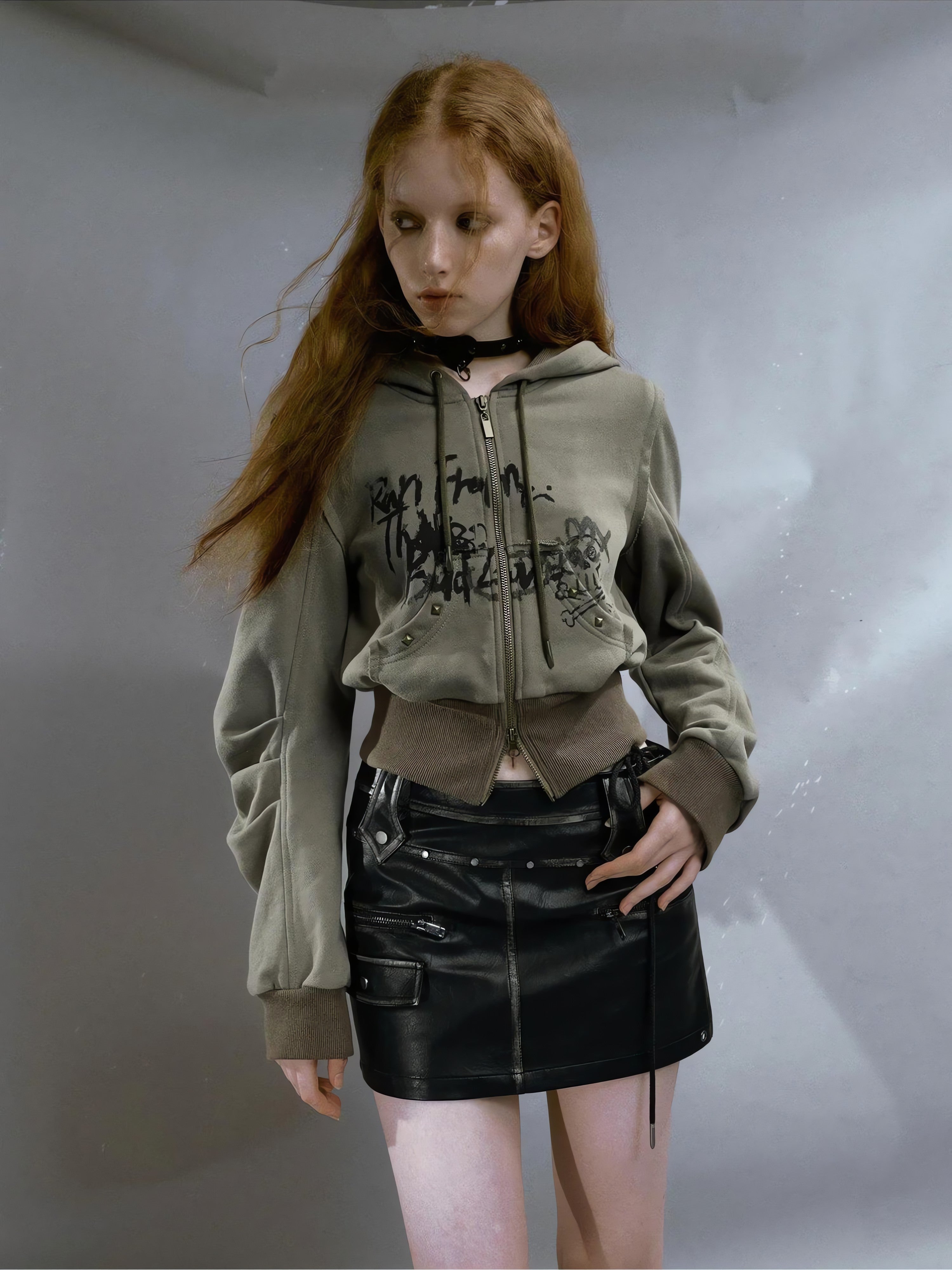 Grunge Ruched Sleeve Hoodie - KAYSMAR