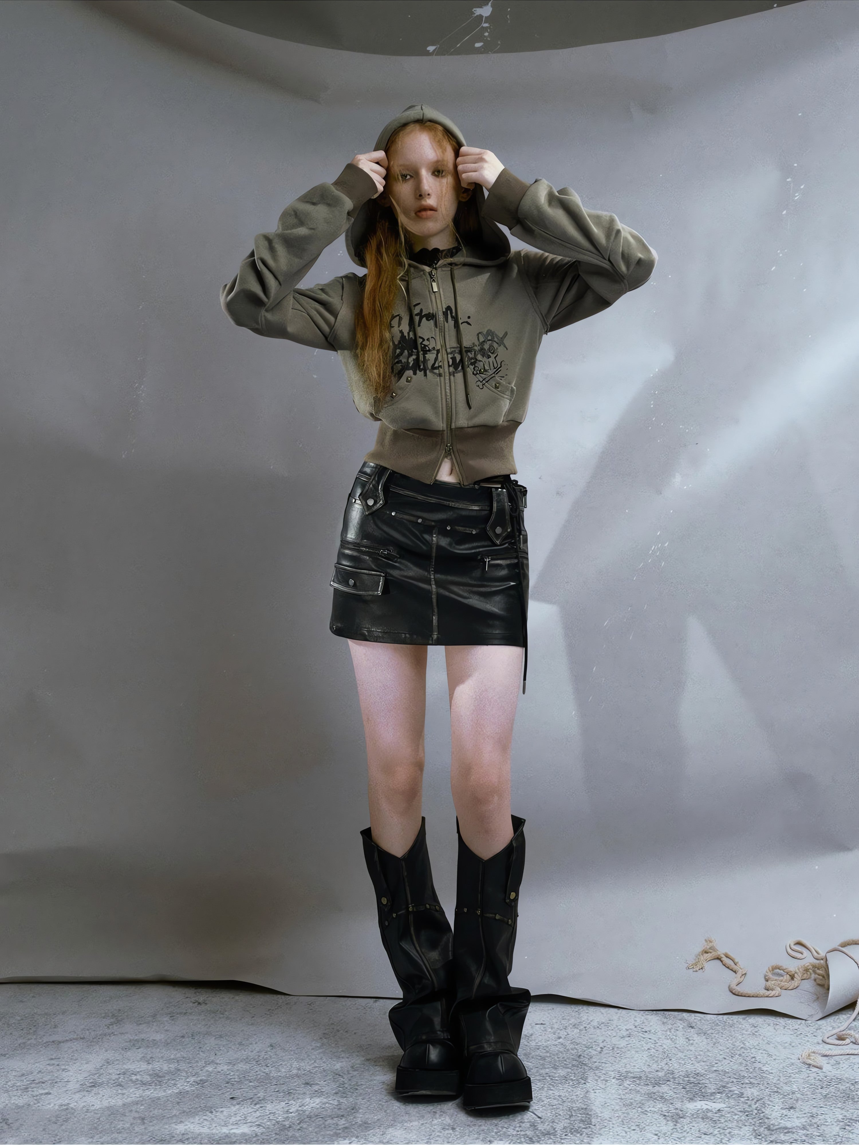 Grunge Ruched Sleeve Hoodie - KAYSMAR