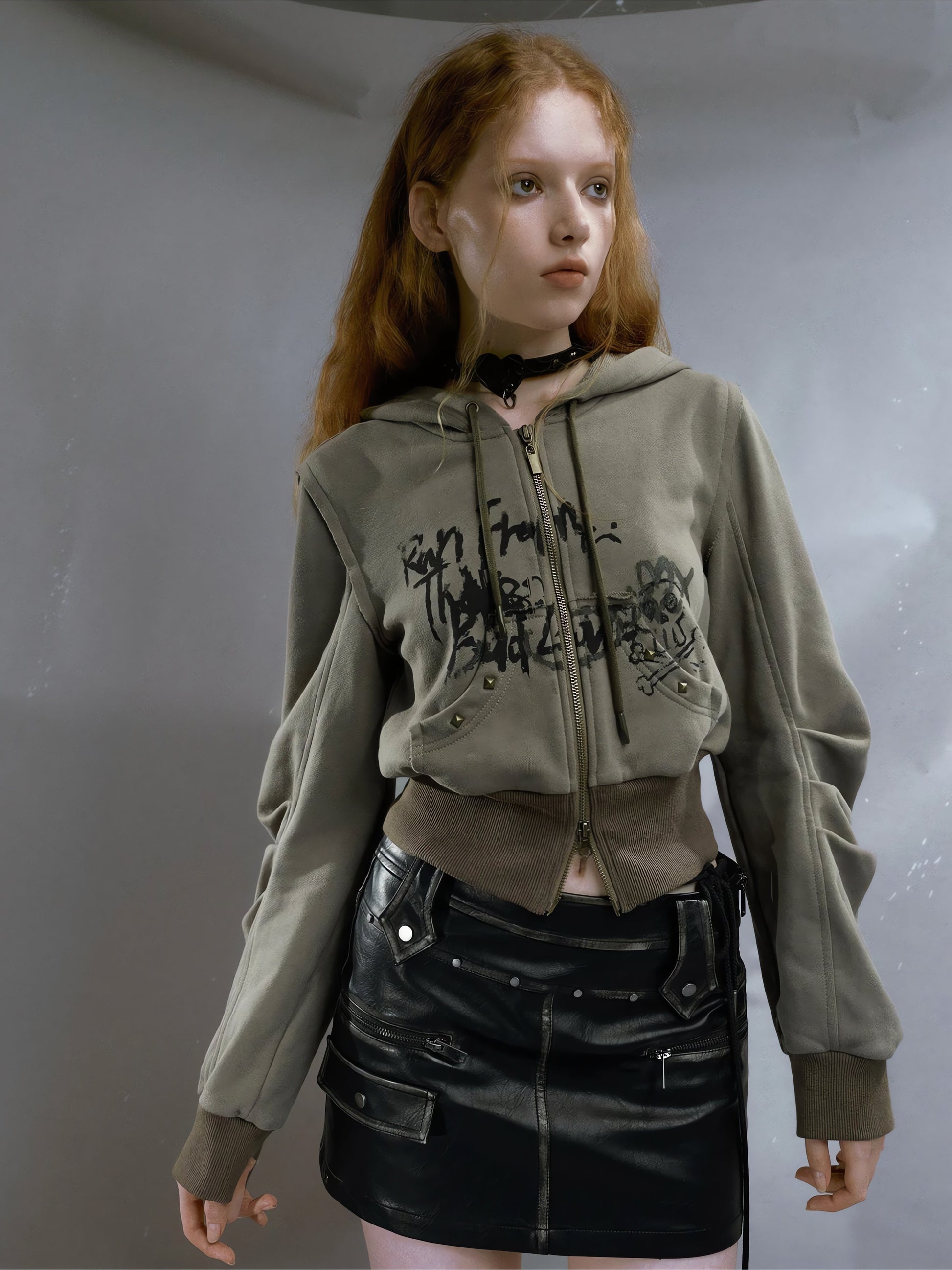 Grunge Ruched Sleeve Hoodie - KAYSMAR