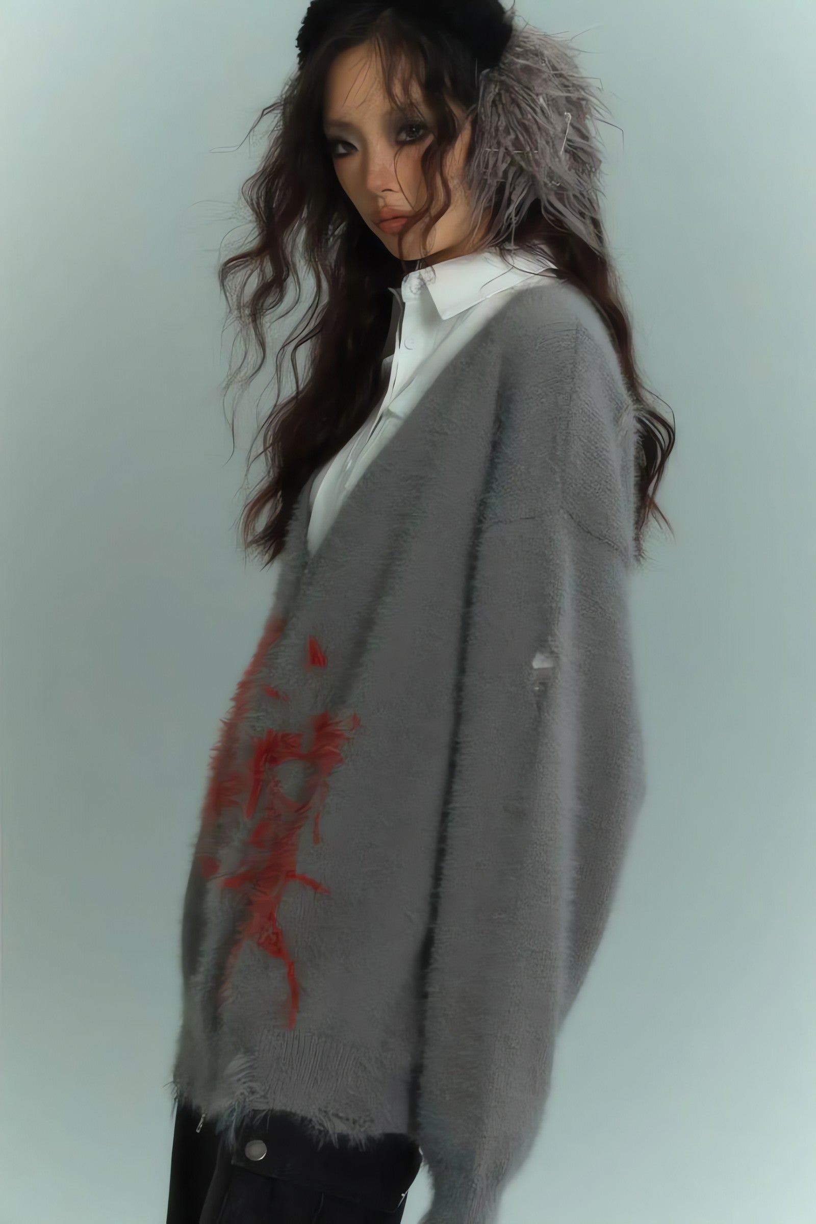 Grunge Scarf Tie Fluffy Cardigan - KAYSMAR