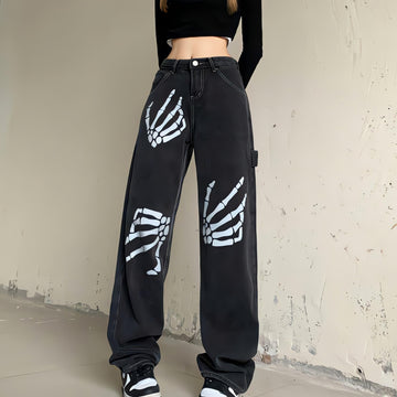 Grunge Skeleton Hand Printed Jeans - KAYSMAR