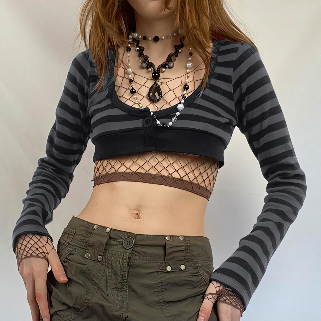 Grunge Striped Button-Up Crop Top - KAYSMAR