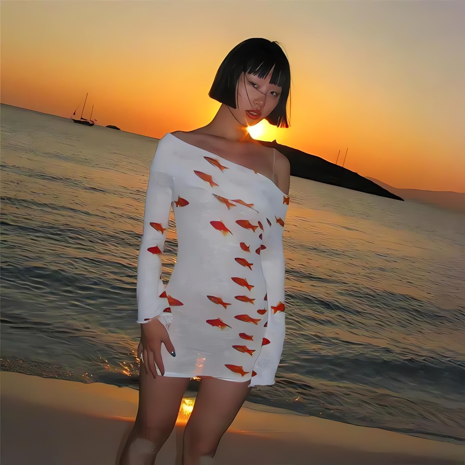 Koi Fish Printed Mesh Mini Dress - KAYSMAR