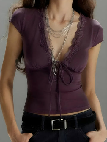 Lace Trim Tie Front Top - KAYSMAR