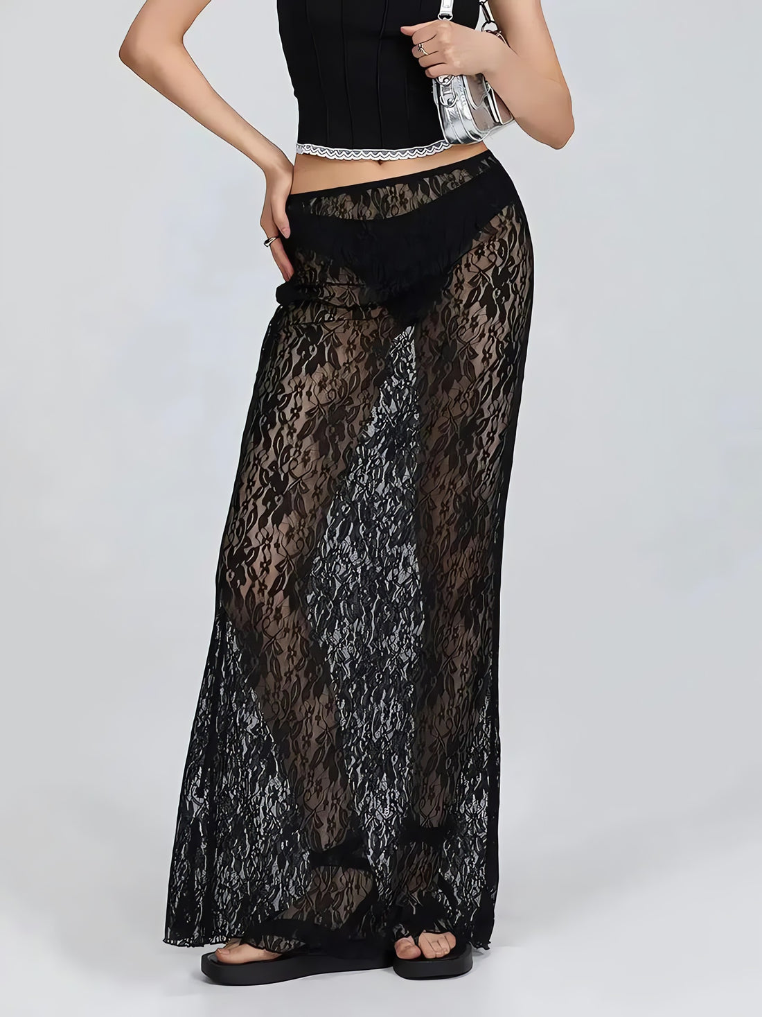Lace Sheer Low Rise Maxi Skirt - KAYSMAR