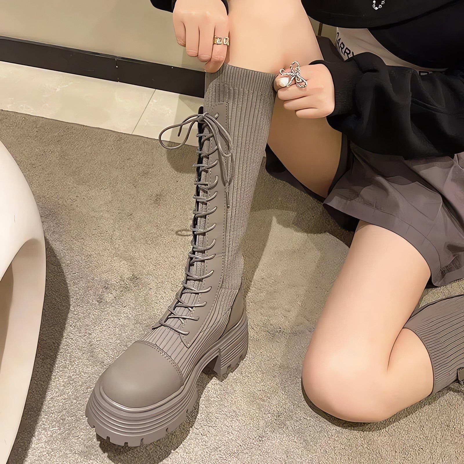 Lace Up Chunky Sock Boots - KAYSMAR