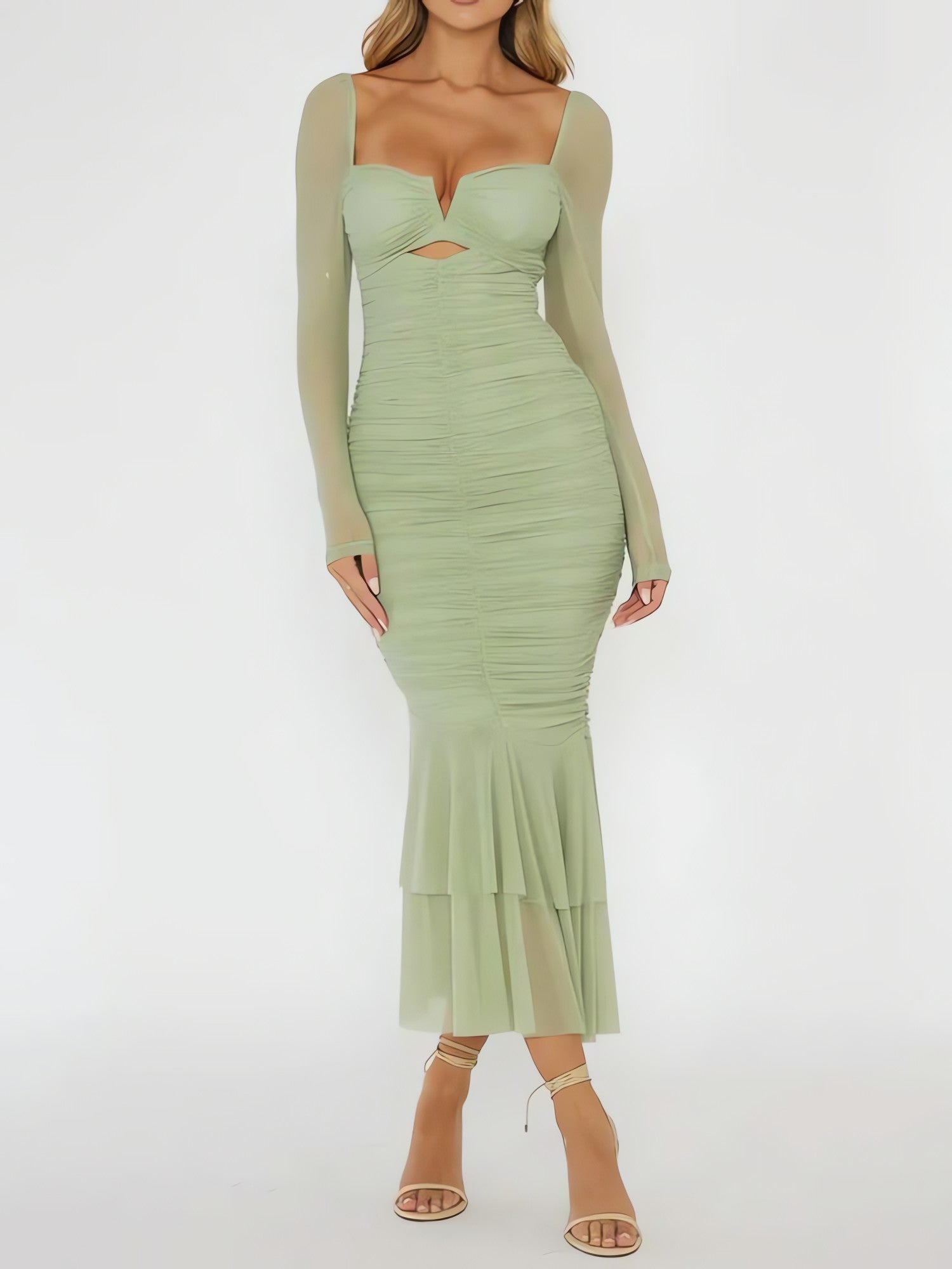 Mesh Ruched Bodycon Midi Dress - KAYSMAR