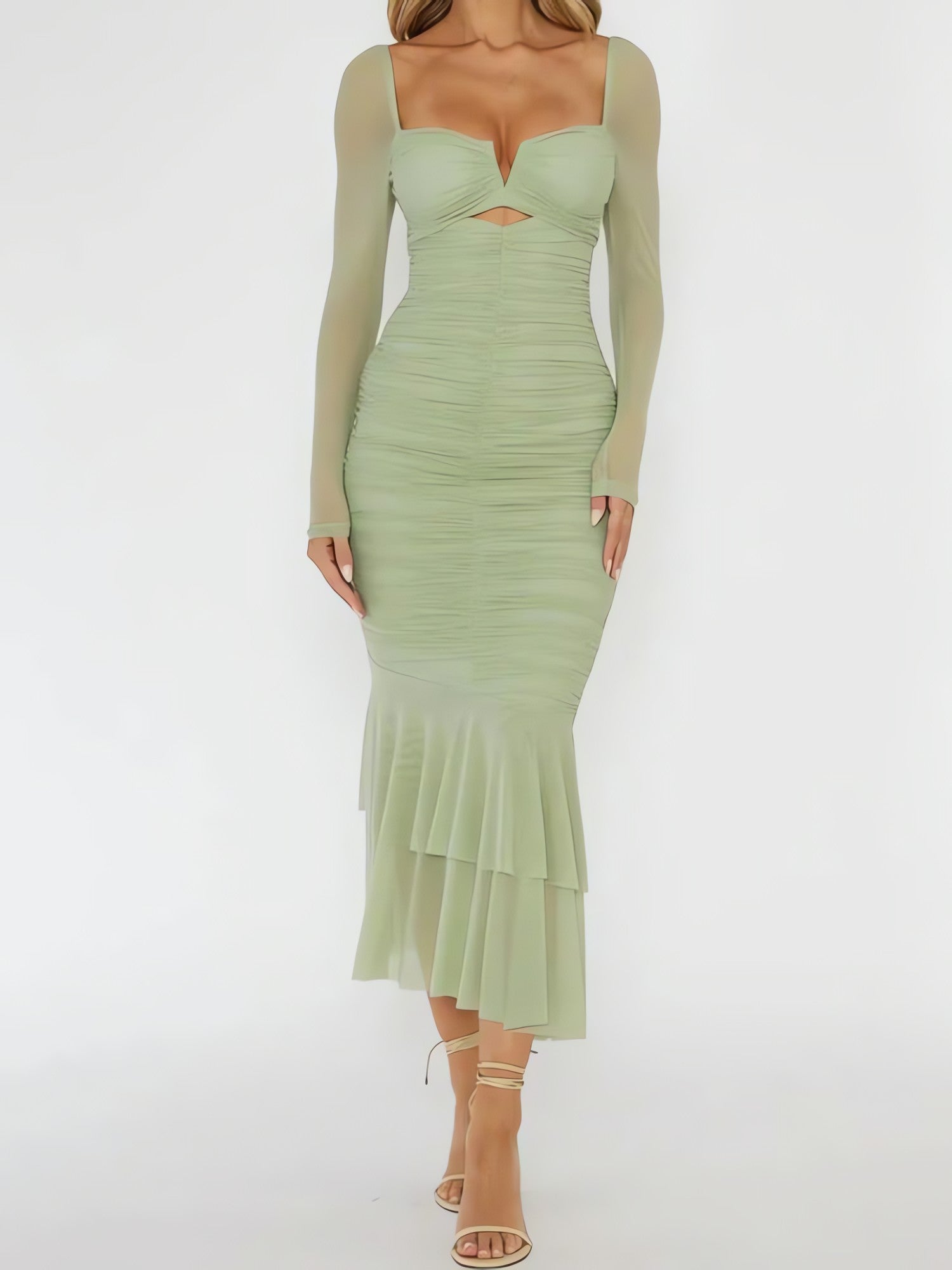 Mesh Ruched Bodycon Midi Dress - KAYSMAR