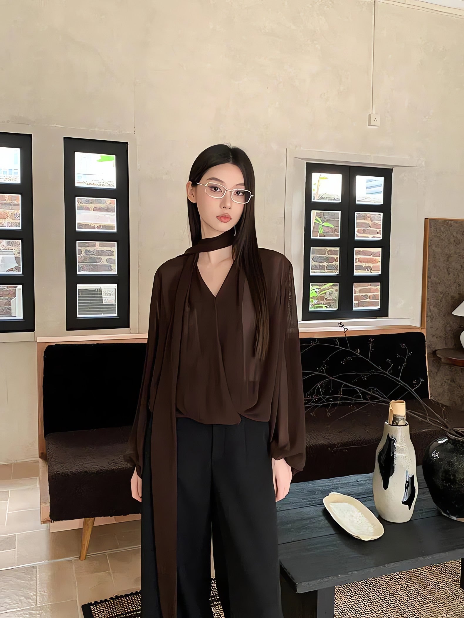 Neck Tie Sheer Mesh Blouse - KAYSMAR