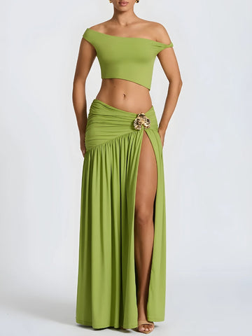 Off Shoulder Crop Top & Slit Maxi Dress Two Piece Set - KAYSMAR
