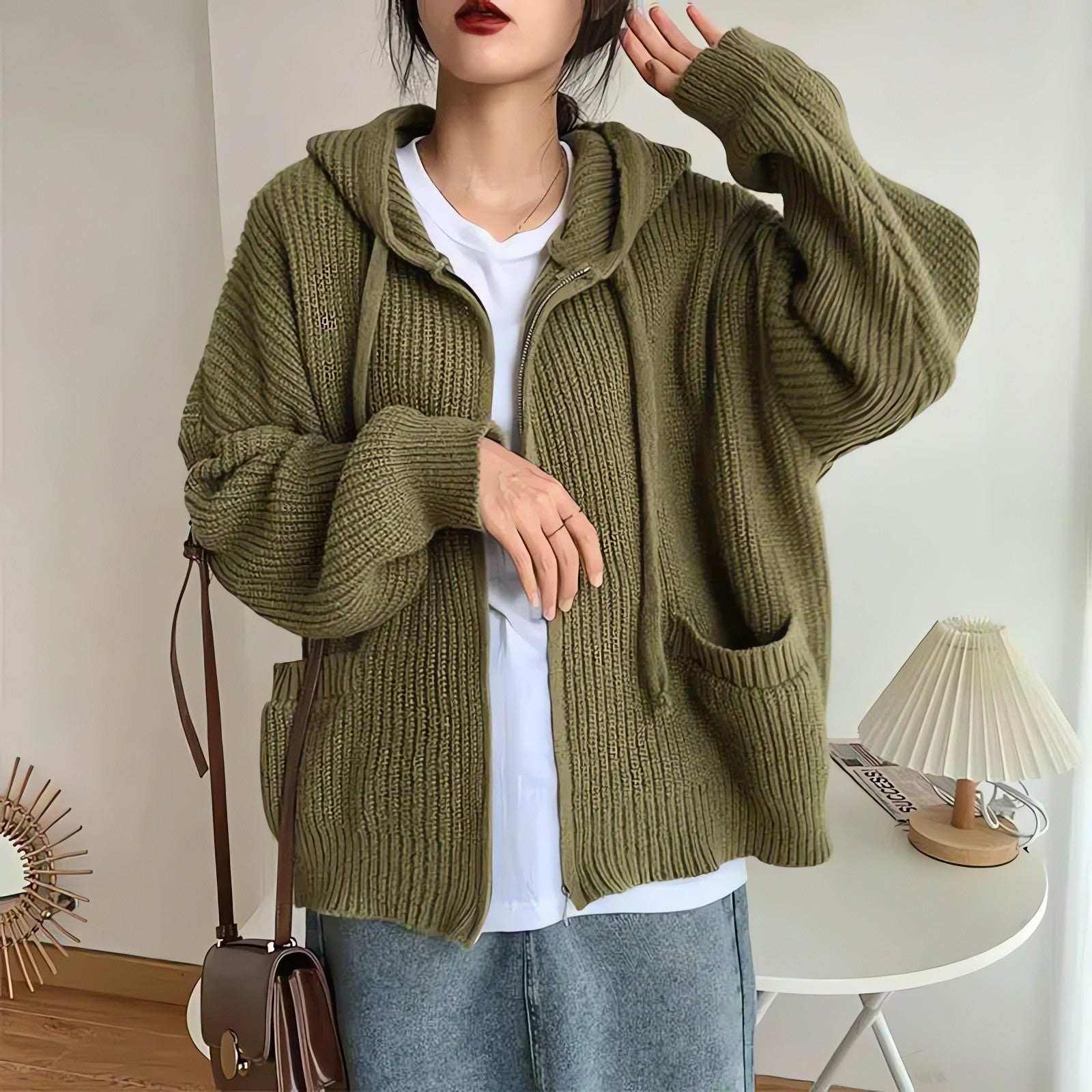 Oversized Knitted Hooded Cardigan - KAYSMAR