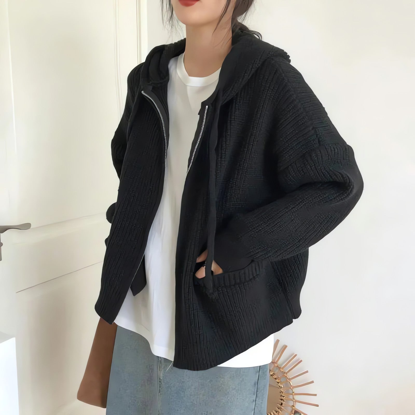 Oversized Knitted Hooded Cardigan - KAYSMAR