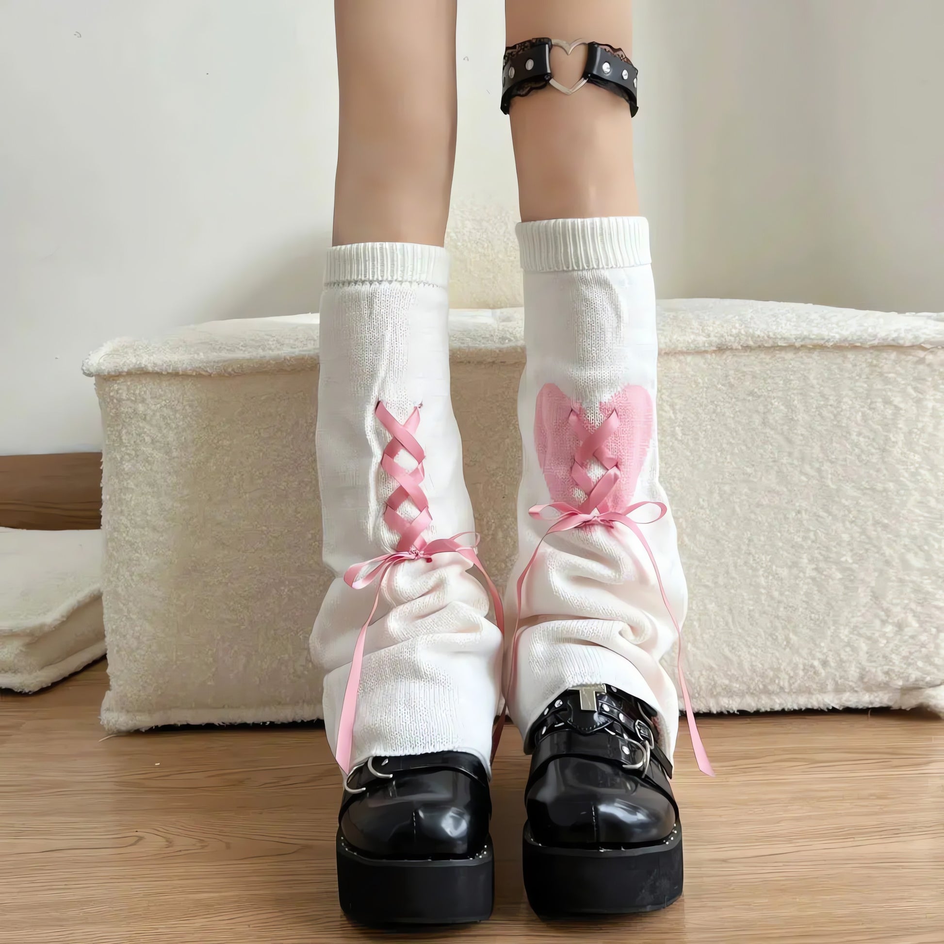 Pastel Goth Broken Heart Lace Up Leg Warmers - KAYSMAR