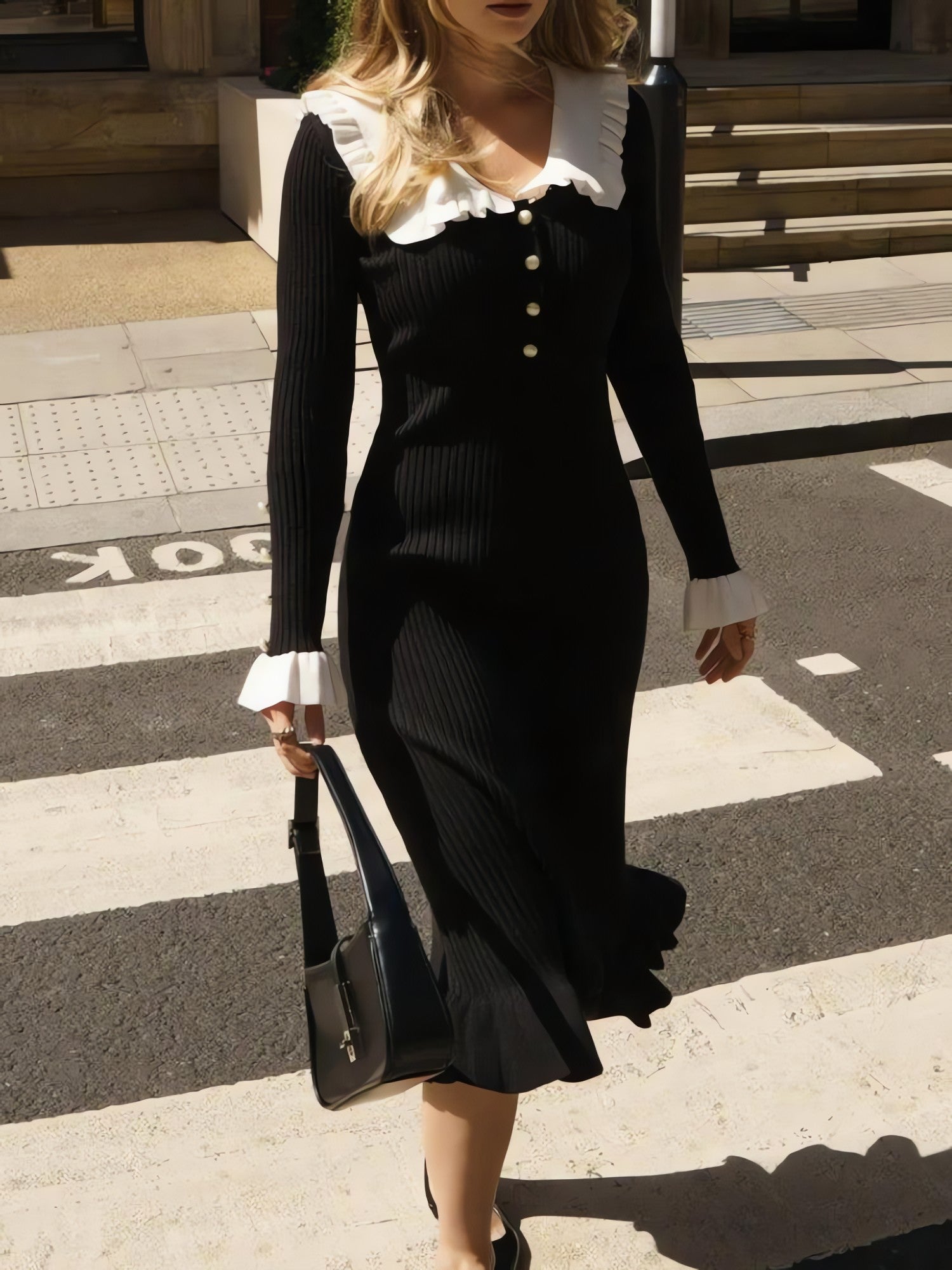 Peter Pan Collar Ribbed Midi Dress - KAYSMAR