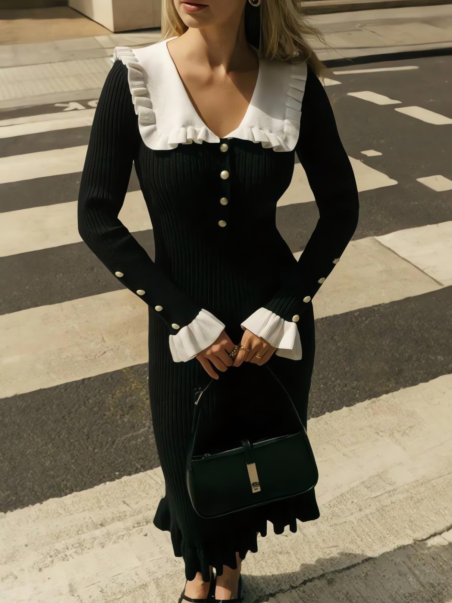 Peter Pan Collar Ribbed Midi Dress - KAYSMAR