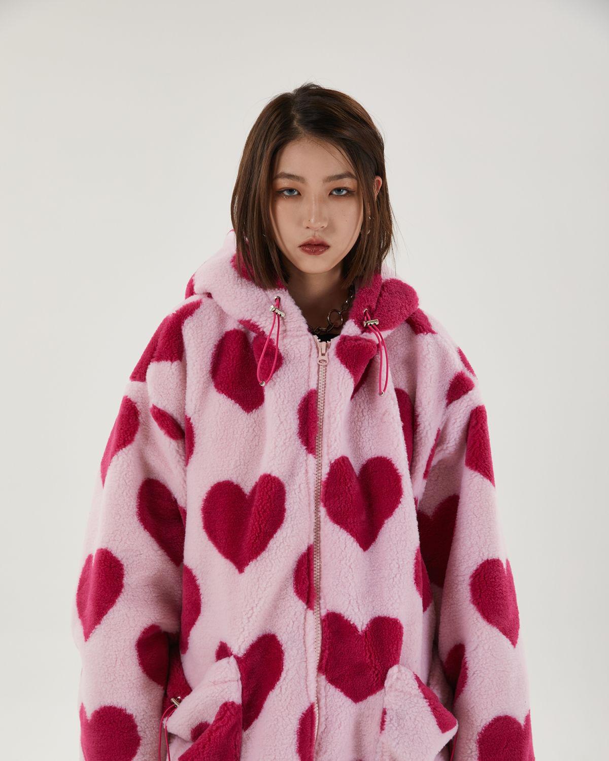 Pink Heart Pattern Hooded Jacket - KAYSMAR