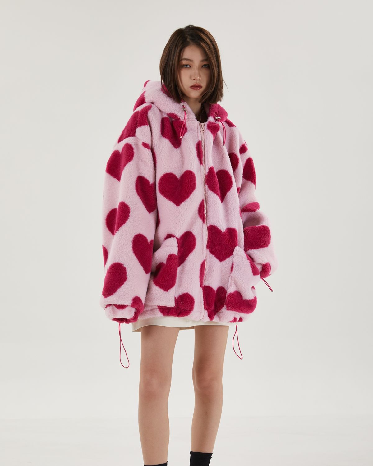 Pink Heart Pattern Hooded Jacket - KAYSMAR
