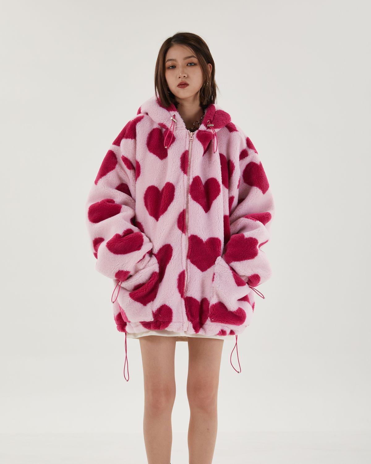 Pink Heart Pattern Hooded Jacket - KAYSMAR