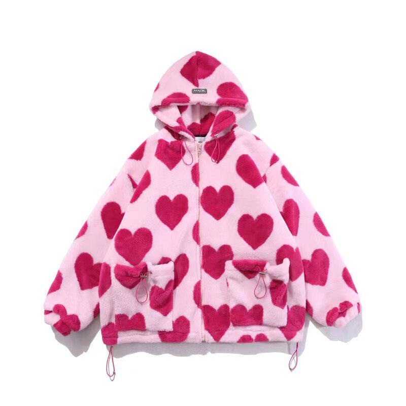 Pink Heart Pattern Hooded Jacket - KAYSMAR
