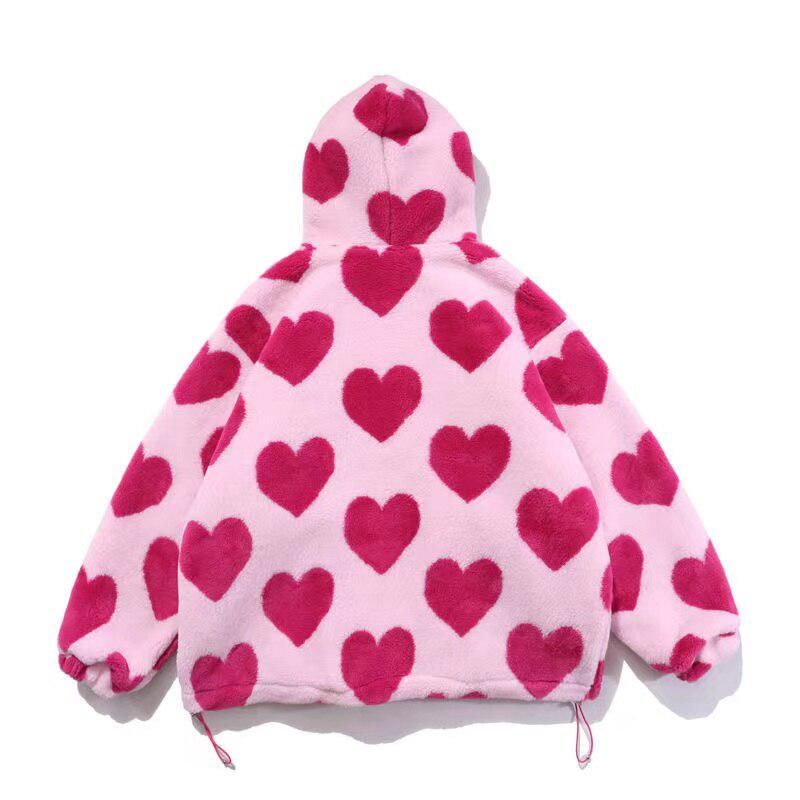 Pink Heart Pattern Hooded Jacket - KAYSMAR