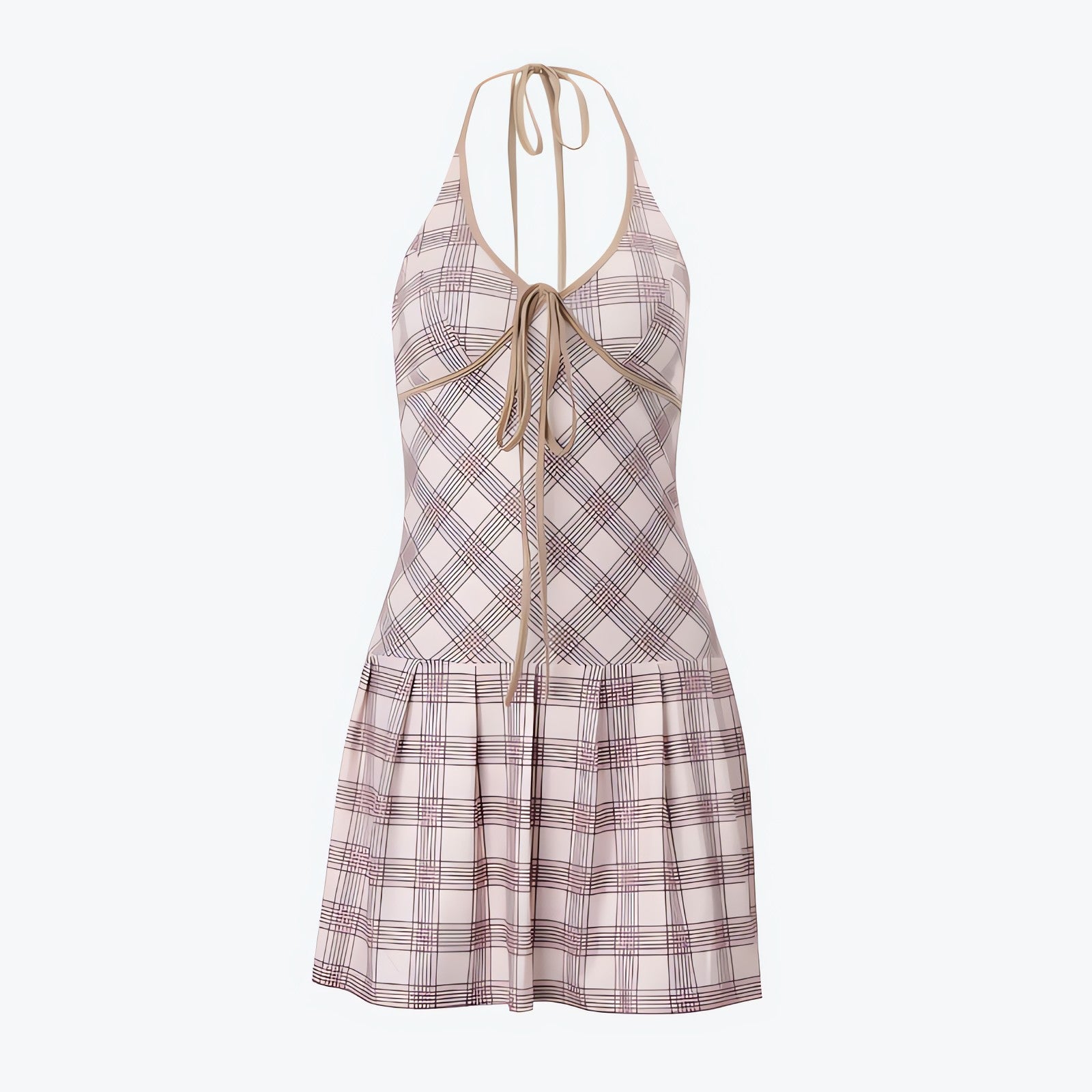 Plaid Halter Neck Pleated Mini Dress - KAYSMAR