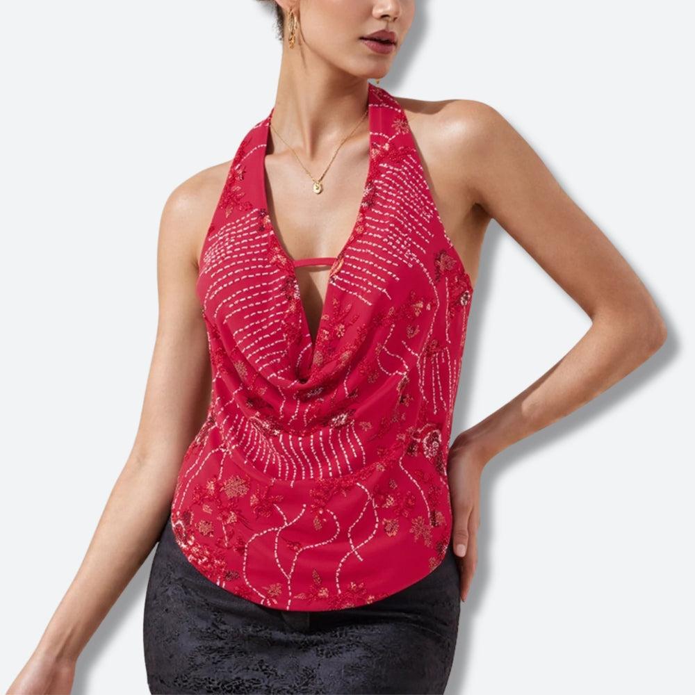 Plunge Neck Sequined Beaded Top - KAYSMAR