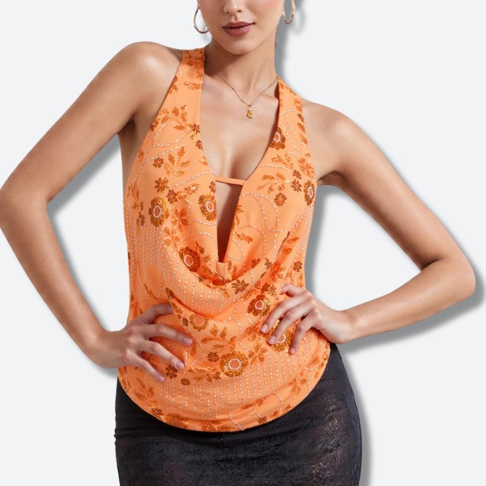Plunge Neck Sequined Beaded Top - KAYSMAR