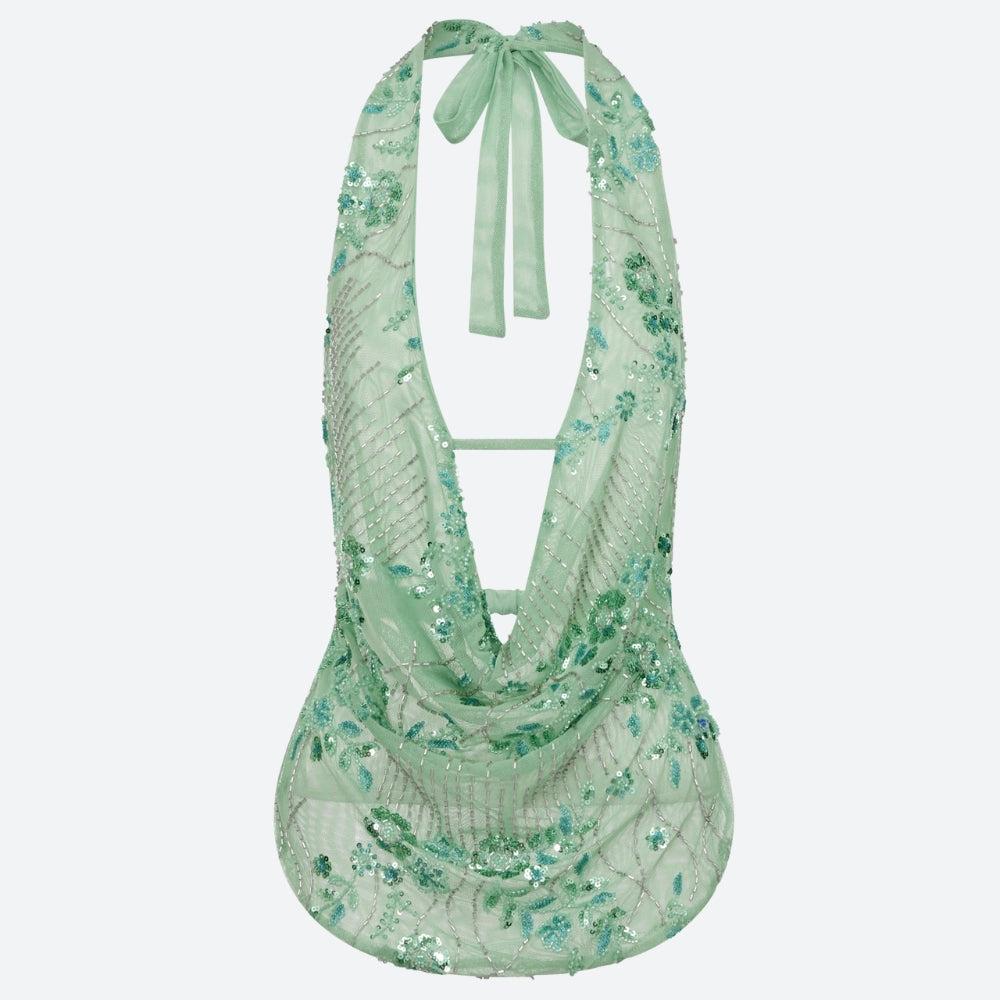 Plunge Neck Sequined Beaded Top - KAYSMAR