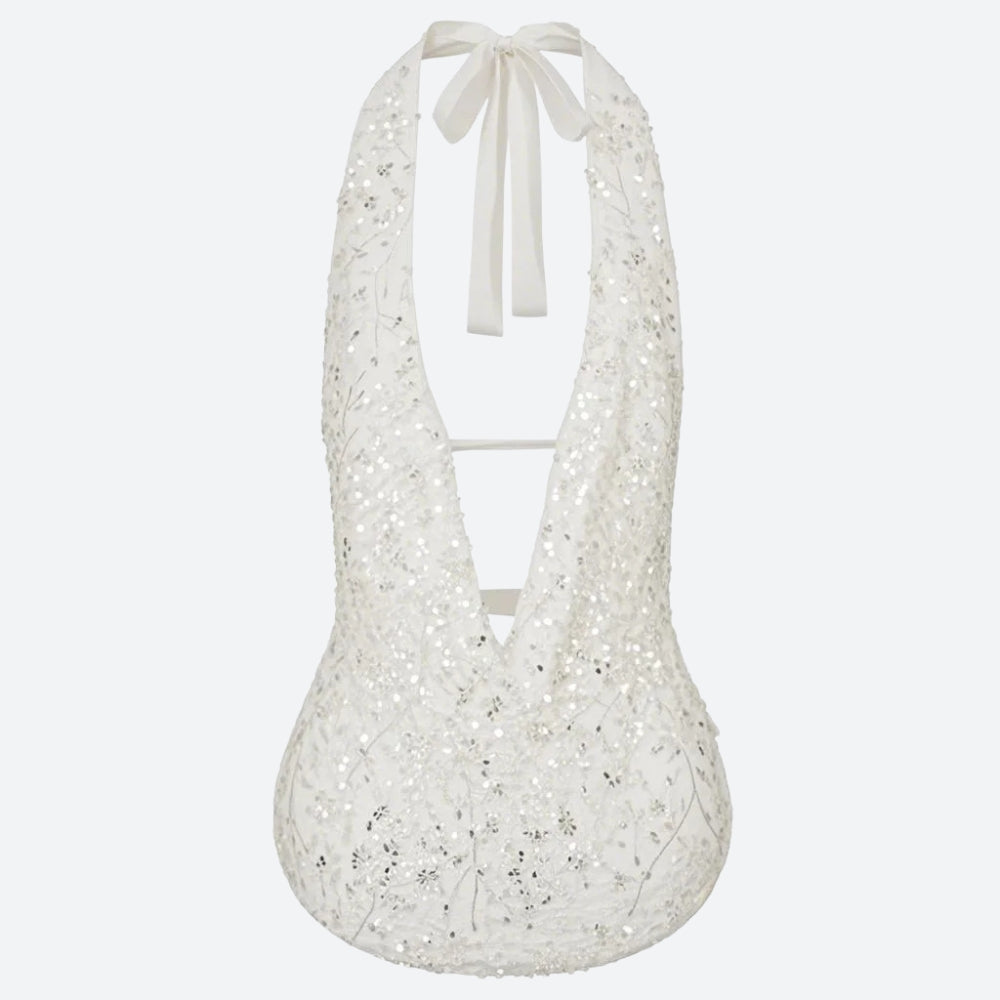 Plunge Neck Sequined Beaded Top - KAYSMAR