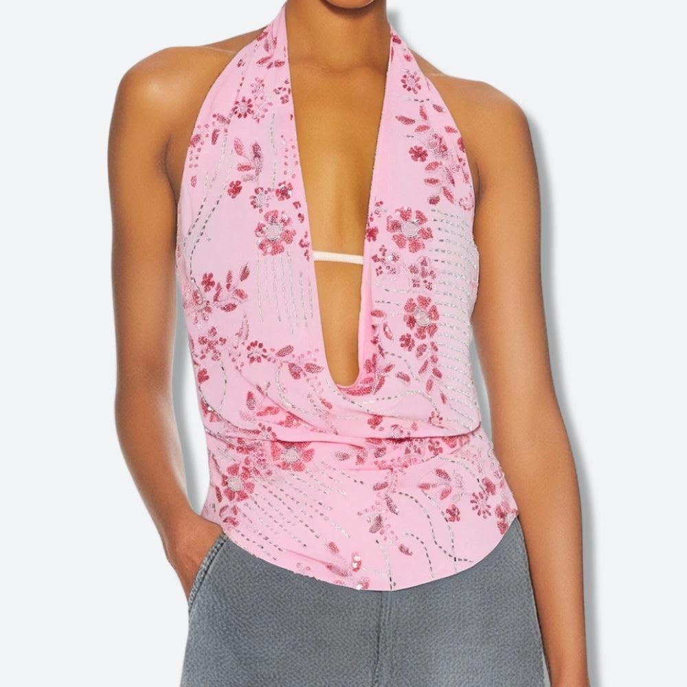 Plunge Neck Sequined Beaded Top - KAYSMAR