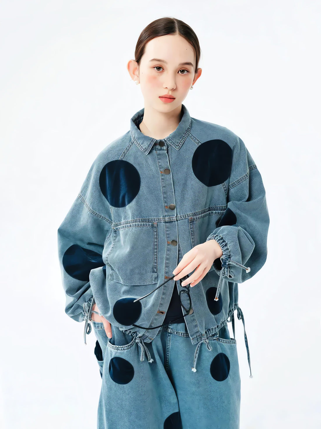 Polka Dot Button Up Denim Jacket - KAYSMAR