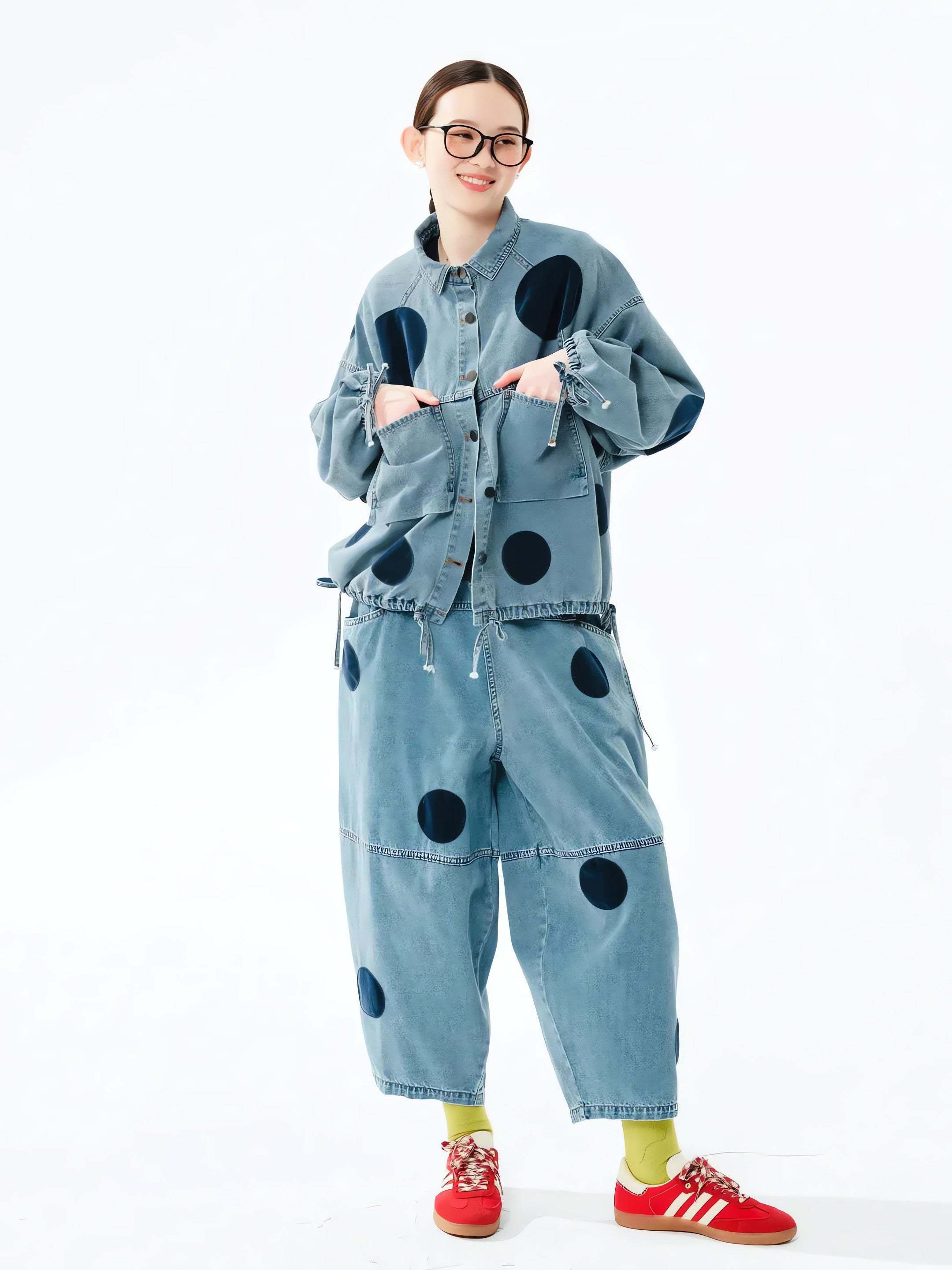 Polka Dot Button Up Denim Jacket - KAYSMAR