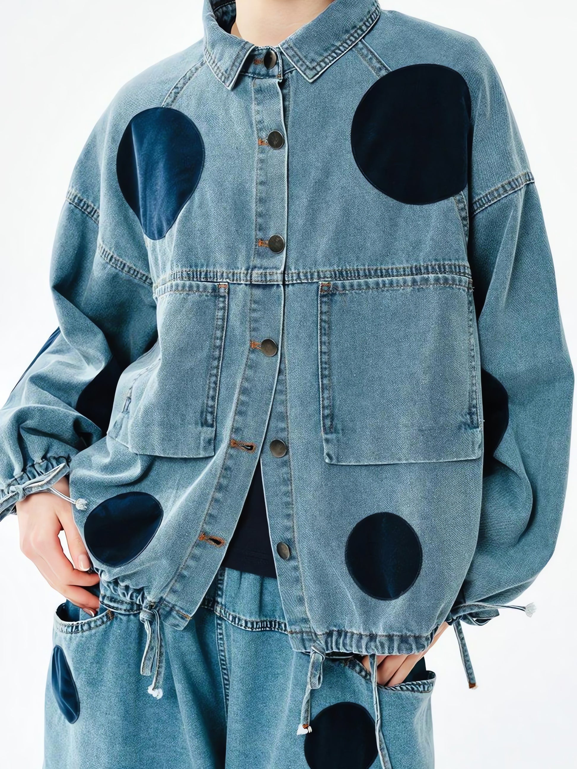 Polka Dot Button Up Denim Jacket - KAYSMAR