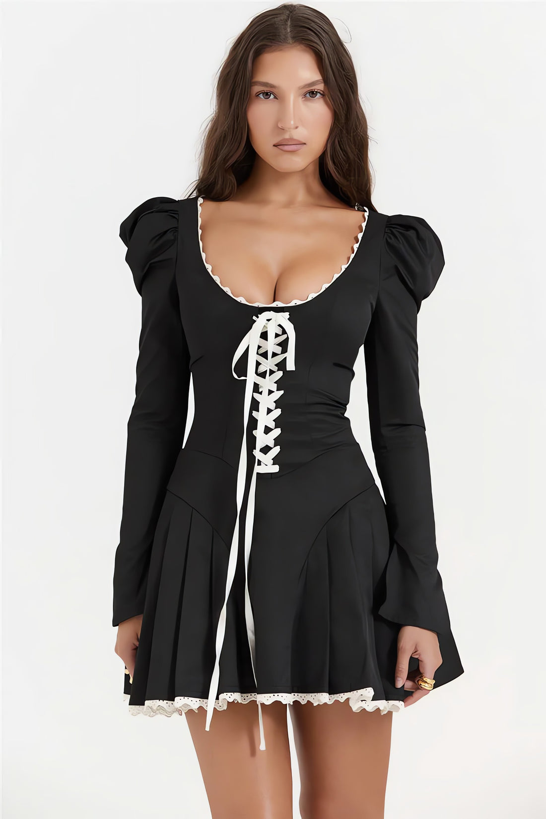 Puff Shoulder Pleated Mini Dress - KAYSMAR