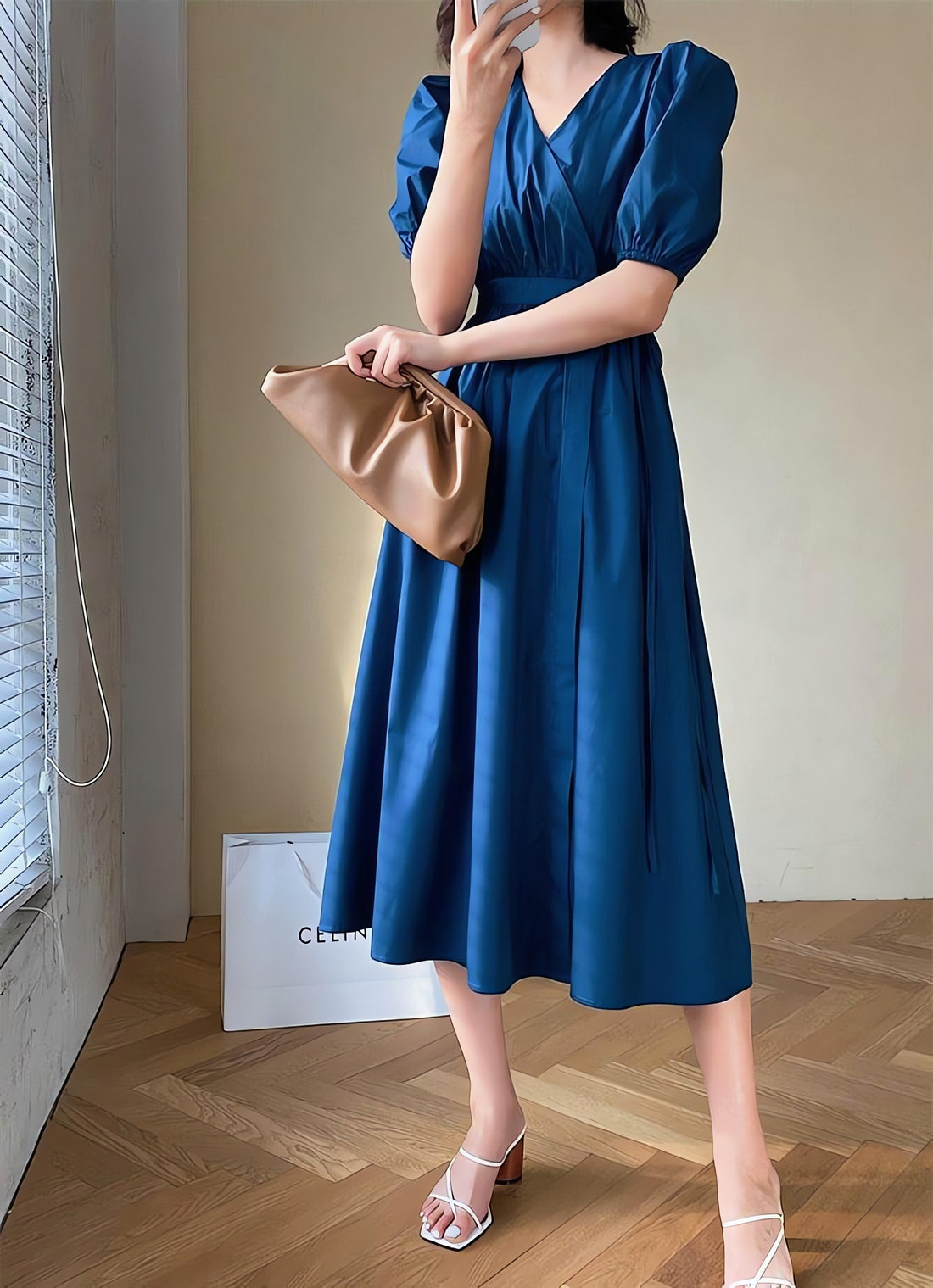 Puff Sleeve Wrap Midi Dress - KAYSMAR