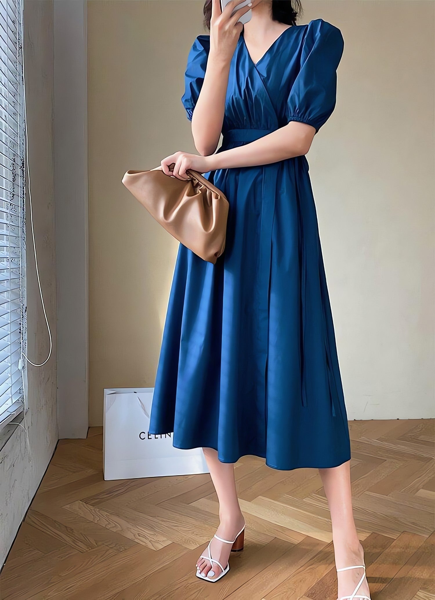 Puff Sleeve Wrap Midi Dress - KAYSMAR