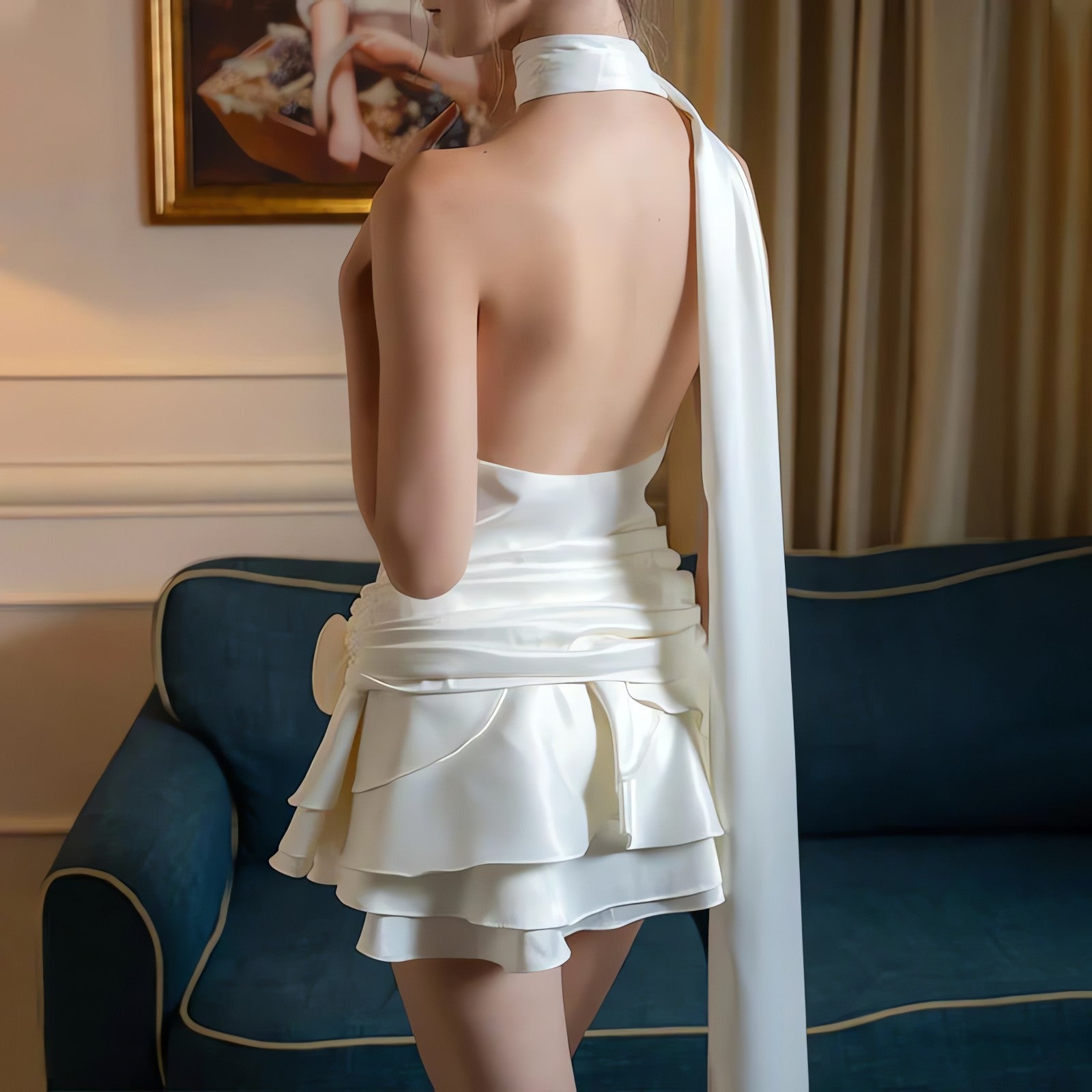 Rose Satin Backless Mini Dress