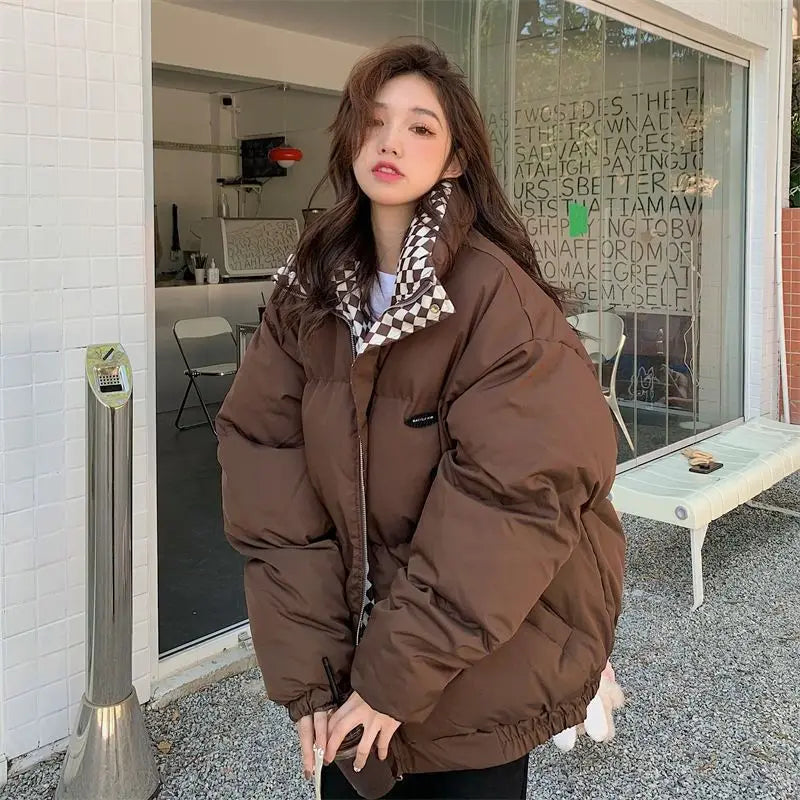 Checkerboard Puffer Jacket with Stand Collar | Warm Winter Coat
